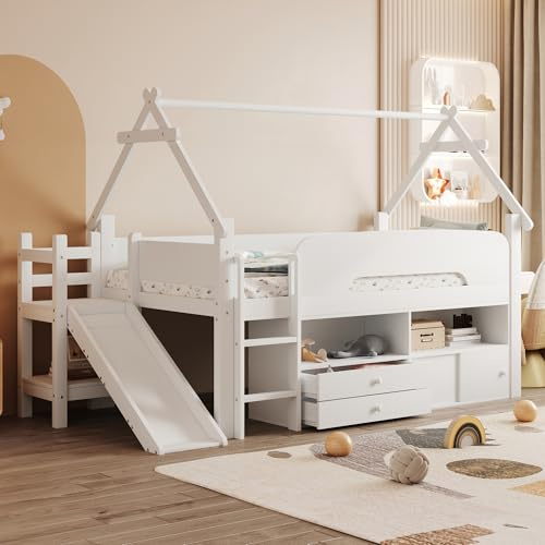Merax Kinder Hochbett 90x200 cm mit Rutsche, Hausbett-Design, Massivholzbett mit Sicherheitsgeländer, Schubladen & Stauraum, platzsparendes Multifunktionsbett, Weiß (ohne Matratze)