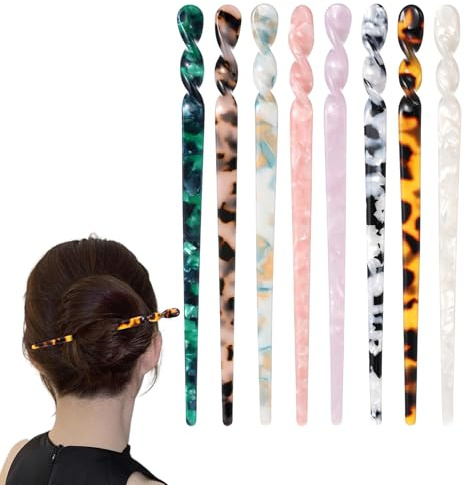 8 Pack Hair Sticks Pin, Chinese Hair Pins For Long Hairs Chopsticks with Vintage Leopard Print, Durable Lightweight Resin Hairpin For for Women Buns Hairs (Multi-Colored)