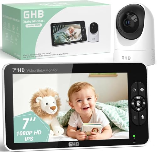 GHB Camara Vigilacia Bebe 7 Pulgadas IPS 1080P Pantalla Duración 168 Horas Batería de 4000mAh Vigilabebes Soporta 2 Cámaras 4×Zoom, Comunicación Bidirecciona Escucha Bebe