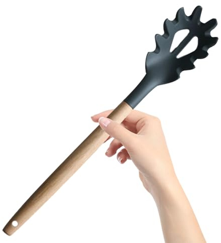 MAGICLULU Cucchiaio per Pasta Design Ergonomico in Silicone Manico in Legno Utensile Pratico per Raccogliere Spaghetti e Noodles per