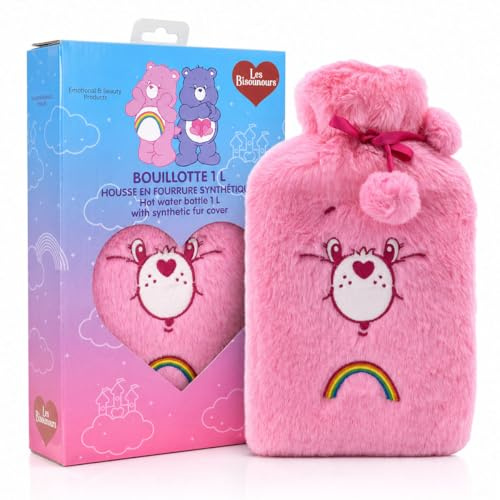 Wärmflasche ca. 1L mit weichem Plüsch Bezug - Rosa - Glücksbärchis - Bettflasche groß Wärmeflasche 1 Liter flauschig Kuschelbezug Gummiwärmflasche Kuscheltier Motiv Geschenk für Kinder Mädchen