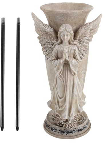 jojofuny Vaso Porta Fiori per Cimitero in Resina e Ferro Beige con Picchetto Metallico Resistente al Vento e Installazione Sicura per Decorazione Lapidi e Commemorazioni
