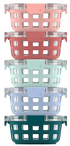 Ello Duraglass 3.4 Cup Round Meal Prep Sets 10Pc, 5 Pack Set- Glass Food Storage Container with Silicone Sleeve and Airtight BPA-Free Plastic Lids, Dishwasher, Microwave, and Freezer Safe, Melon