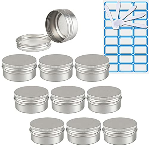 ZEOABSY 10 Stück Leere 50 ml Rund Silber Aluminium Tins mit Schraub-Deckel Schraubdose Cremedose Alu-Tiegel Dosen Aludose Blechdosen für Kosmetik Kerze Salben 5X Spatel, 1x Etikette