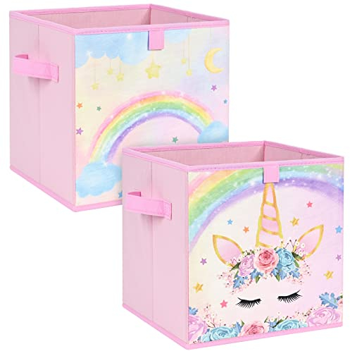 WERNNSAI Unicornio Cubos de Almacenamiento - Cajas de Almacenamiento Plegables de Tela Paquete de 2 Organizador para Niñas Cestas Decorativas Rosas 28 cm con Asas Armario Hogar Habitación Guardería