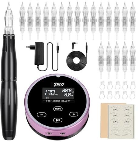 Biomaser Semi Permanent makeup machine Permanent Make Up Set with Compact power supply 20 Cartridge needles For Eyeline Lip Eyebrow MTS For Artist and Beginner