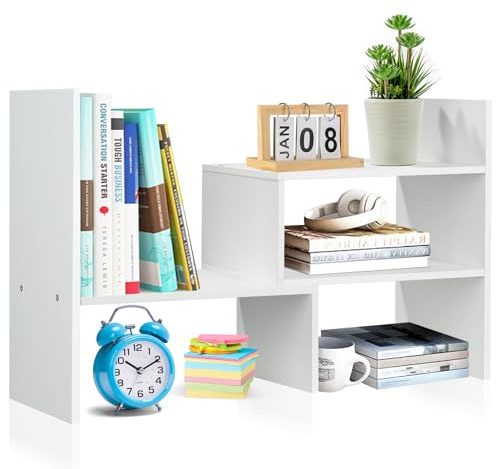 Esilihom Desk Shelf, Adjustable Book Shelf for Desk, Desktop Bookshelf, Small Bookcase, White