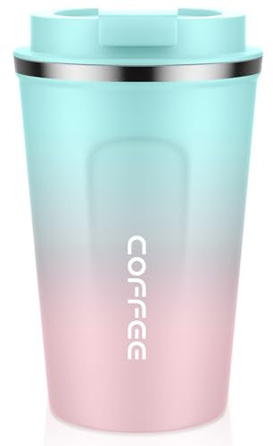 MOMSIV Thermobecher, 13oz/380ml Edelstahl Kaffee-to-go Becher Travel Mug, Vakuum Auslaufsicher Isolierbecher Doppelwandig mit Deckel, Kaffeebecher Autobecher für Kaffee und Tee, Grün-Rosa