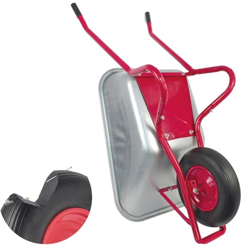 Matrix Schubkarre Profi 100l Liter 250 kg mit zusätzlichem Bodenblech pannensicheres PU-Rad Schubkarren groß Garten Scheibtruhe Bauschubkarre | Mulde verzinkt | Metall Felge mit Kugellager | Farbe rot