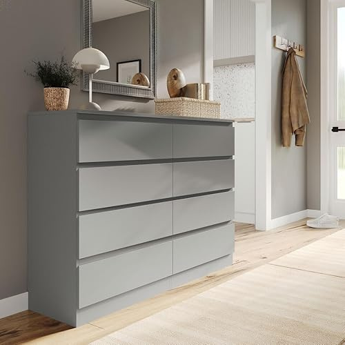 URBNLIVING Modern Grey Wooden Chest with 8 Drawers for Bedroom Office Storage Versatile Bedside Table Stylish Cabinet for Organizing Clothes Accessories Work Place Supplies and Personal Items