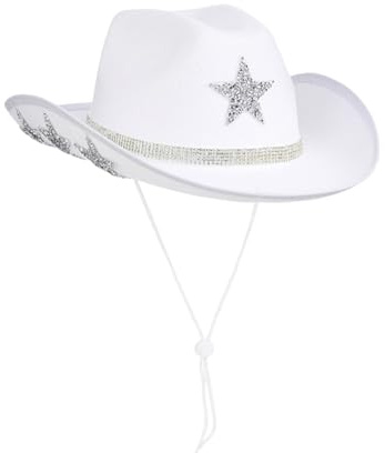 Yuedefly Multifunktionaler Westlicher Cowboy Hut, Weißer Cowgirl Hut mit Glitzer Stern Design, Weitrandiger Cowgirl Hut,Perfekt für Festivals,kostümierte Veranstaltungen, Cosplay und Musikkonzerte