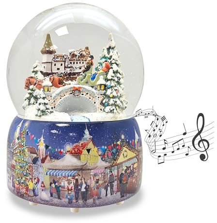 Schneekugel Weihnachten Spieluhr | Nostalgie Pferdekutsche über Brücke | Sockel Winterlandschaft | Musik Winter Wonderland | 150mm Durchmesser 200mm Höhe | Schüttelkugel | 20067