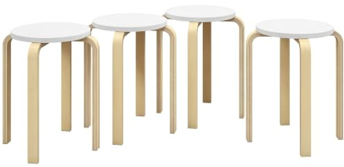 HOMCOM Set 4 Sgabelli Impilabili Rotondi Antiscivolo Ø40x45 cm Bianco | Legno Moderno, Senza Schienale, Gambe Curve, per Cucina, Bar, Sala da Pranzo, Ufficio