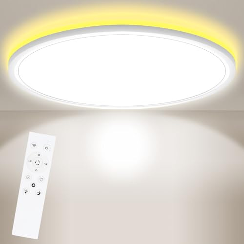 Fynokst Plafonnier LED Chambre, 3000K-6000K Dimmable avec Télécommande, 24W 2800LM Plafonniers avec Mode Veilleuse, IP54 Plafonnier LED Salle de Bain pour Chambre à Coucher, Cuisine, Salon, Ø30CM