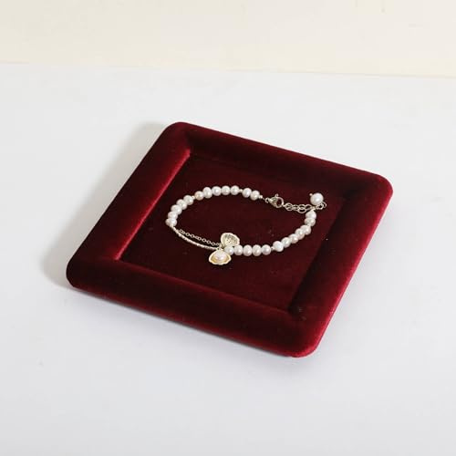 GemeShou Square velvet Jewerly display tray, Jewelry storage organizer plate, Empty Jewelry showcase tray for Necklace Bracelet Ring Earring display stand holder (Red-Medium)