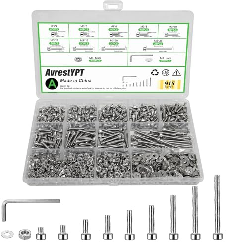 915Pcs M3 Screws Assortment, Hex Socket Head Cap Screw Bolts Nuts Washer Kit, Stainless Steel,9-Sizes M3x4/5/6/8/10/12/16/20/25mm Screws for 3D Printer DIY