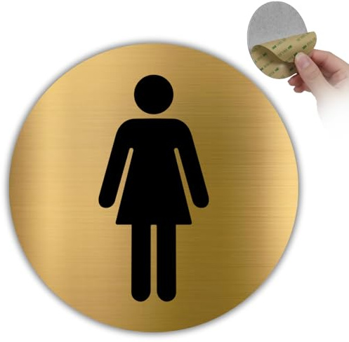 LEIASA | Goldenes Schild WC Damen - Ø 10 cm - Stärke 0,8 mm - Aluminium - Runde selbstklebende Tafel - Piktogramm Damen-Toilette - (Damentoilette)