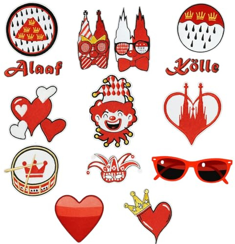 14 Stück Bügelbilder Karneval, Rot Weiß Aufbügeln für Karneval Köln, Festliche Textilien Dekoration, Fasching Accessoires,Bügelaufkleber