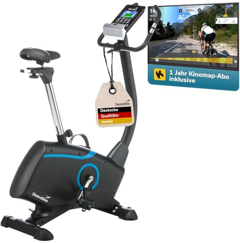 Skandika Ergometer Fahrrad Atlantis | Heimtrainer mit App Steuerung (Kinomap, iConsole), inklusive Jahresabo für Kinomap, Bluetooth, Puls und Körperfettmessung, 32 Stufen, geräuscharm | bis 150kg