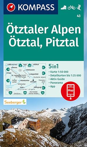 KOMPASS Wanderkarte 43 Ötztaler Alpen, Ötztal, Pitztal 1:50.000: 5in1 Wanderkarte mit Panorama, Aktiv Guide und 1:25000 Karten, inklusive ... in der KOMPASS-App. Fahrradfahren. Skitouren.