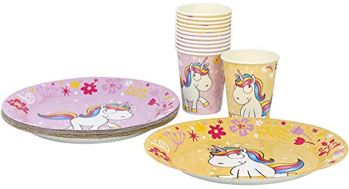 com-four® 28-teiliges Party Geschirr Set Unicorn mit Einhorn Motiven für 12 Personen, Pappteller und Pappbecher für Kinder, Geburtstag und andere Partys (28-teilig gelb/rosa)