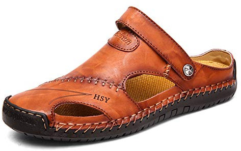 Rojeam Mens Casual Leather Sandals Closed Toe Beach Slippers Flat Shoes Summer Sandals for Hiking Trekking, Brown, 10.5 UK