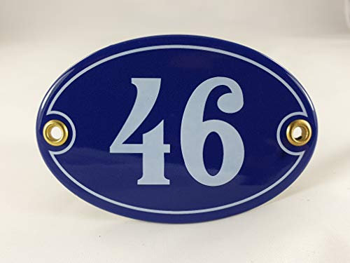 Emaille Hausnummer Schild Nr. 46, oval, Blau-Weiß Handarbeit
