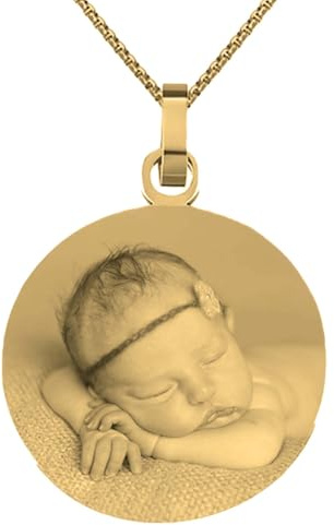 UHRENWELT Fotogravur Anhänger rund mit Kette und eigener Gravur Namen und Datum/Bildgravur mit Wunschgravur/Farben: Silber/Gold/Roségold