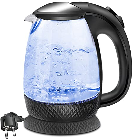 EXTRASTAR 2200 W Hervidor eléctrico de cristal 1,7 L, con iluminación LED. Filtro de agua incluido. Sin BPA®. Función de mantenimiento en caliente