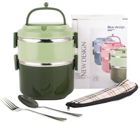 SANQIAHOME 2 Capas Fiambrera apilable,de 18/8 acero inoxidable, Caja de comedor sellada de varias capas,Verde