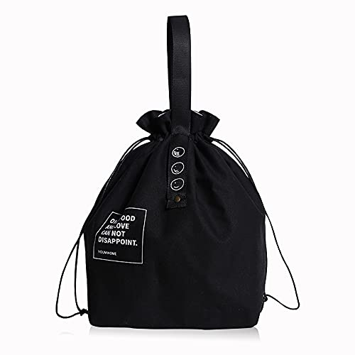 LELE LIFE Isolierte Lunchtasche aus Segeltuch mit Kordelzugverschluss, weit öffnende faltbare und leichte Lunch-Tragetasche, Kühltasche für Arbeit Büro Picknick, Schwarz