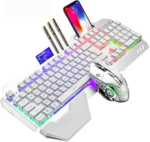 Clavier de Jeu sans Fil avec Sensation mécanique, rétroéclairage RVB, Batterie Rechargeable de 5000 mAh avec Repose-Main Amovible + Souris de Jeu LED 7 Couleurs pour écrivain/Joueur (Blanc)