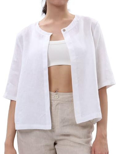 Amazhiyu Women Pure Linen Open Front Cropped Cardigan Elbow Sleeve Summer Jacket (White, Small)