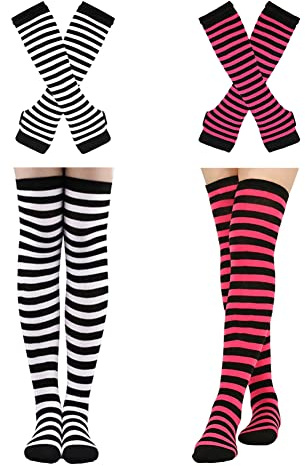 Barrlves 2 Sets Womens Striped Knee High Socks Long Knit Arm Warmers Fingerless Gloves for Halloween Costume (2sets Striped Black+Rose)