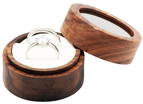 COSISO Kleine runde Ringbox aus Holz mit transparentem Deckel für Hochzeitszeremonie, Antrag, Verlobung, Mini-Ringhalter, Schmuckaufbewahrung, Geschenkbox für 2 Ringe (beige innen)