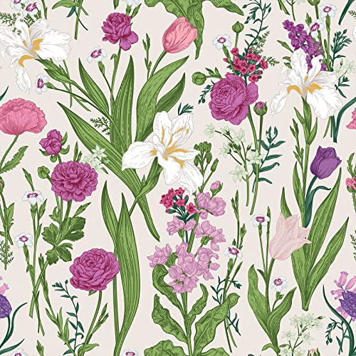 VEELIKE Papel Pintado Flores Rosa Roja Vintage Papel Pared Hojas Tropicales Fotomurales Decorativos Pared Papel Adhesivo para Muebles Dormitorio Papel Forrar Mueble Cocina Baño Pasillo 44,5cm x 300cm