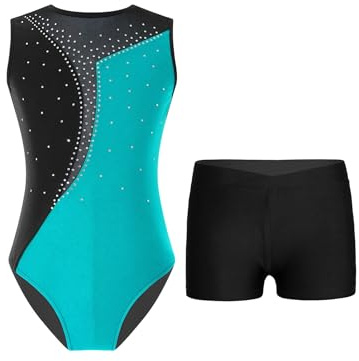 TTAO Kinder Mädchen Ärmellos Gymnastikanzug mit Strassstein Training Leotard mit Shorts Turn Set Gymnastik Training Dancewear Gymnastikbody