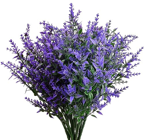 12 Bündel Künstliche Lavendel Blumen, Kunstblumen für Außen, kunstpflanzen Outdoor, UV Beständige Künstliche Sträucher Balkonpflanzen, Plastikblumen Unechte Blumen für Hausgarten Büro Hochzeit Party