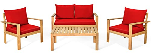 ZYMEN 4-teiliges Terrassenmöbel-Set, Akazienholz, Dickes Kissen, Zweisitzer-Sofa, Rot. Verbringen Sie Zeit mit Ihrer Familie auf dem Set für 4–8 Personen Commemoration Day