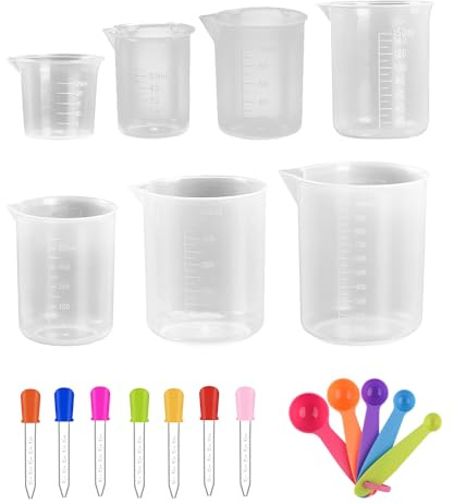 Lot de 7 verres doseurs avec 7 compte-gouttes en silicone, 5 cuillères à mesurer, gobelet épais résistant à la chaleur avec graduation, gobelet en plastique sans poignée, outil de mesure pour la