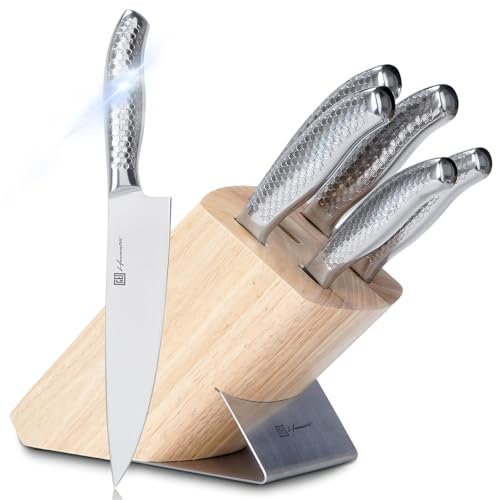 Ensemble de 7 couteaux avec bloc de couteaux, couteau de chef argenté avec manche en acier inoxydable, ensemble de couteaux de cuisine à motif nid d'abeille spécial