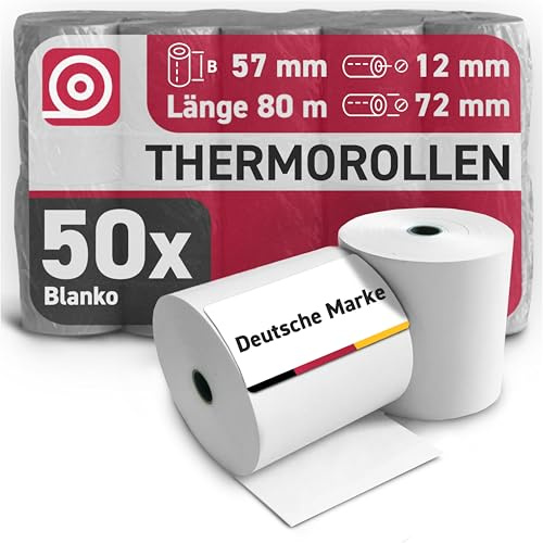Gebongt24 Thermorollen 57 mm x 80 m x 12 mm mit 48 g/m² – hochwertige Bonrollen aus BPA-freiem Thermopapier – 50 Kassenrollen mit ⌀ 72 mm – für EC-Cash & Kassenbondrucker