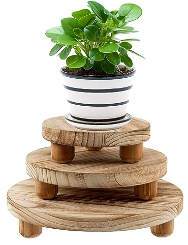 Qivine 3Pcs Wooden Plant Stand, 10/8/6 Inch Mini Plant Stands Indoor with 3 Removable Legs of Each, Round Plant Pot Stand for Indoor Outdoor Home Patio Decoration