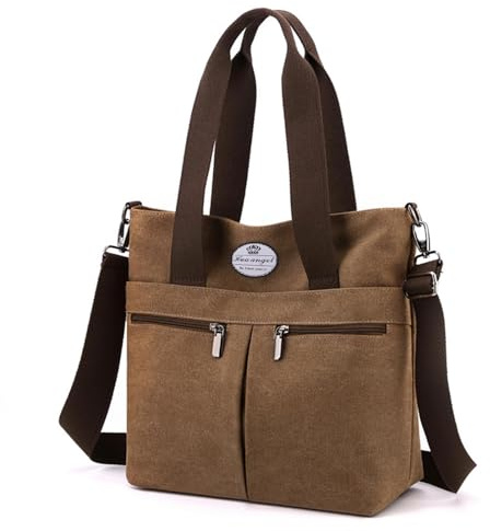 HUA ANGEL Bolso Tote de Lona Lavada para Mujer - Bandolera y Mano Medio, 10 Compartimentos Organizador,31x31cm, Ideal para Trabajo, Universidad, Viajes y Compras | Bolso de hombro vintage para el trabajo, universidad, compras, oficina, apto para portátil de 13,3 pulgadas, correa ajustable