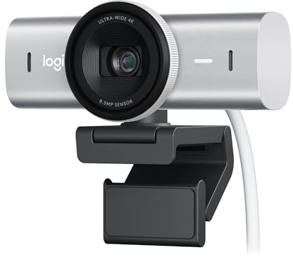 Logitech MX Brio Ultra HD 4K Collaboration and Streaming Webcam, 1080p at 60 FPS, Dual Noise Reducing Mics, Show Mode, USB-C, Webcam Cover, Works with Microsoft Teams, Zoom, Google Meet, Pale Grey