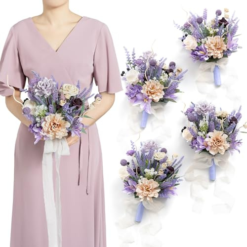 Ling's moment Artificial Flowers Purple Bridesmaid Bouquet Set of 4, Lavender Wedding Flowers Bouquets for Bridesmaids, 7 Inch Bridal Bouquets for Bridesmaids, Wedding, etc