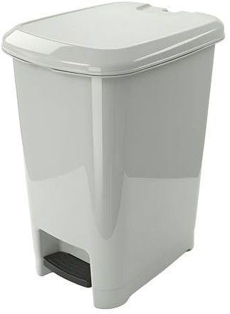 Optimal Products Plastic Square10,25 & 40L White & Grey Pedal Lid Bin Waste Garbage Indoor Outdoor Garden Kitchen Recycling DustBin (Light Grey, 25L)