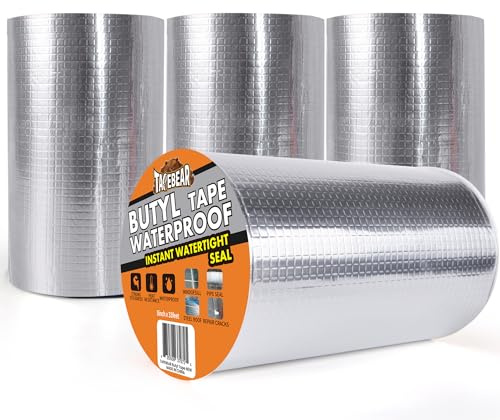 TAPEBEAR Butylband - Lot de 4 rouleaux de ruban adhésif étanche - 200 mm x 10 m - Ruban d'étanchéité autocollant - En aluminium - Pour réparation des fuites de toit, caravane, tuyau, verre