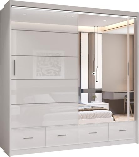 MN Furniture Hackney High Gloss & Mirror Sliding Door Wardrobe with Integrated LED Light, Drawers & Shelves, Modern Bedroom Storage Cabinet 150/203/255cm (White, 203cm)