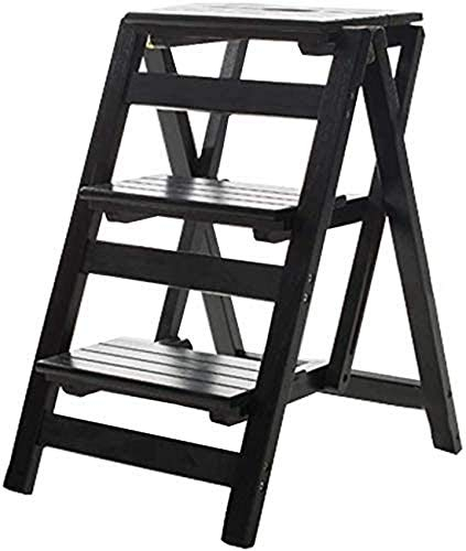 SnamicE Tritthocker Holzleiter Hocker Klappbarer Holzleiter Hocker Treppe Multifunktions 3 Stufen Hocker Multifunktion (Farbe: Holzfarbe) (Schwarz)